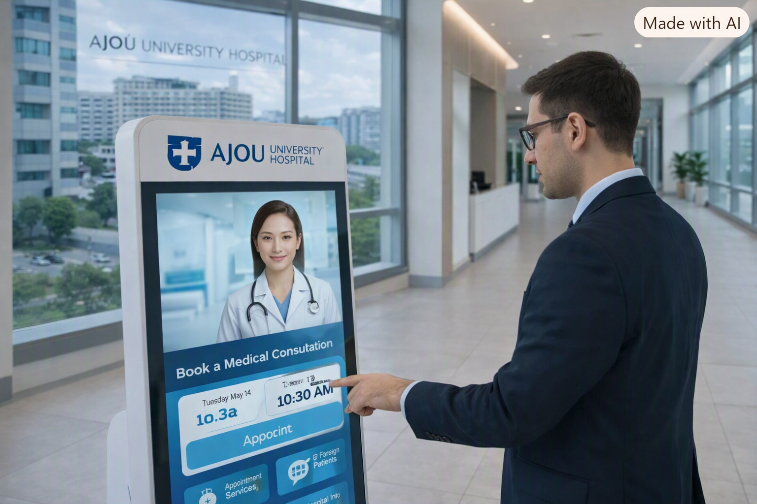 Man uses Ajou Hospital’s virtual assistant kiosk, showing smart healthcare access for international patients.