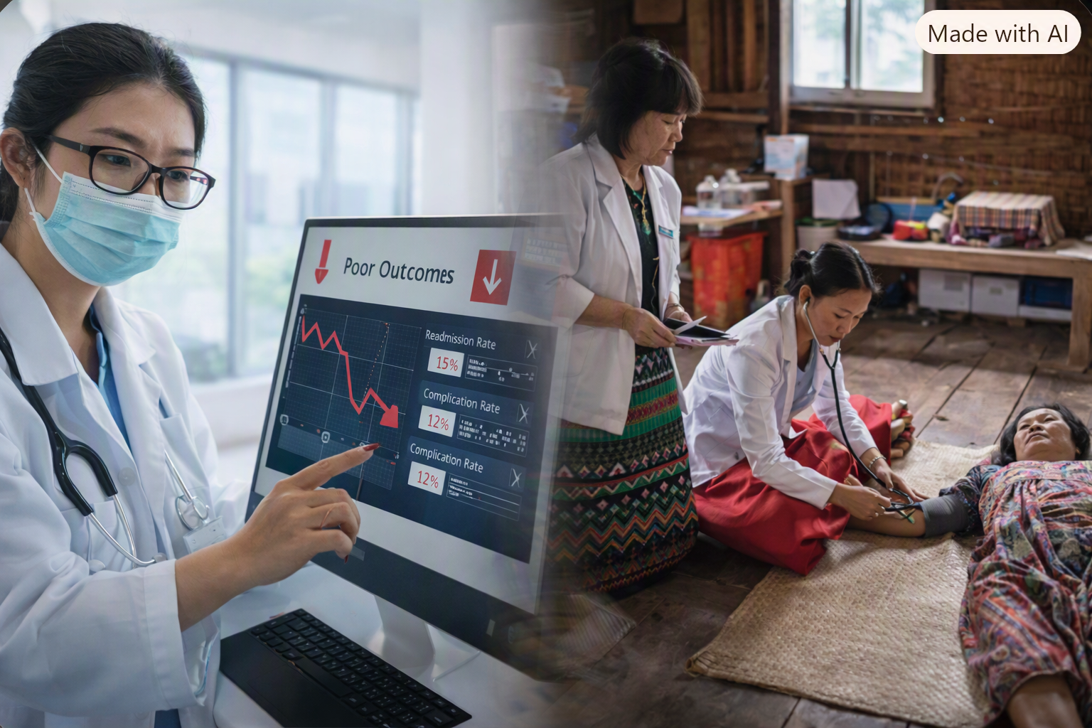 Doctor reviews poor outcome data while rural caregivers treat patient, showing Asia‑Pacific hospitals’ slow outcome‑based care adoption.