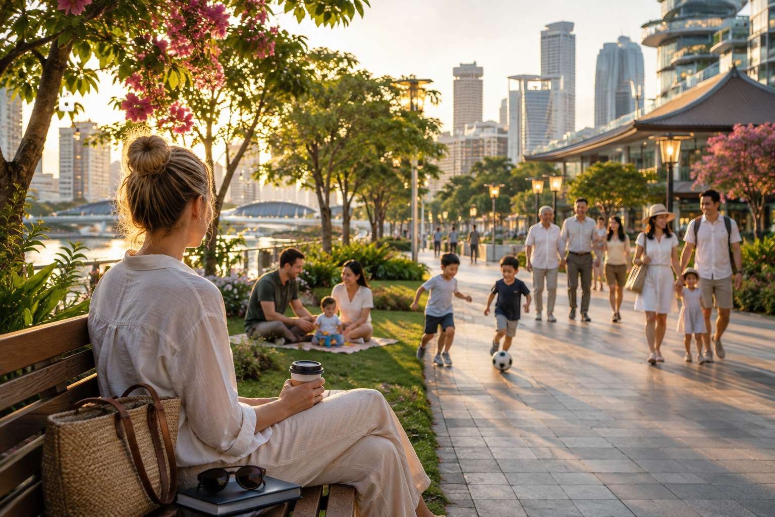 Western woman reflecting on her future while watching families in an Asian city, representing egg freezing abroad in Thailand, South Korea, and Singapore.
