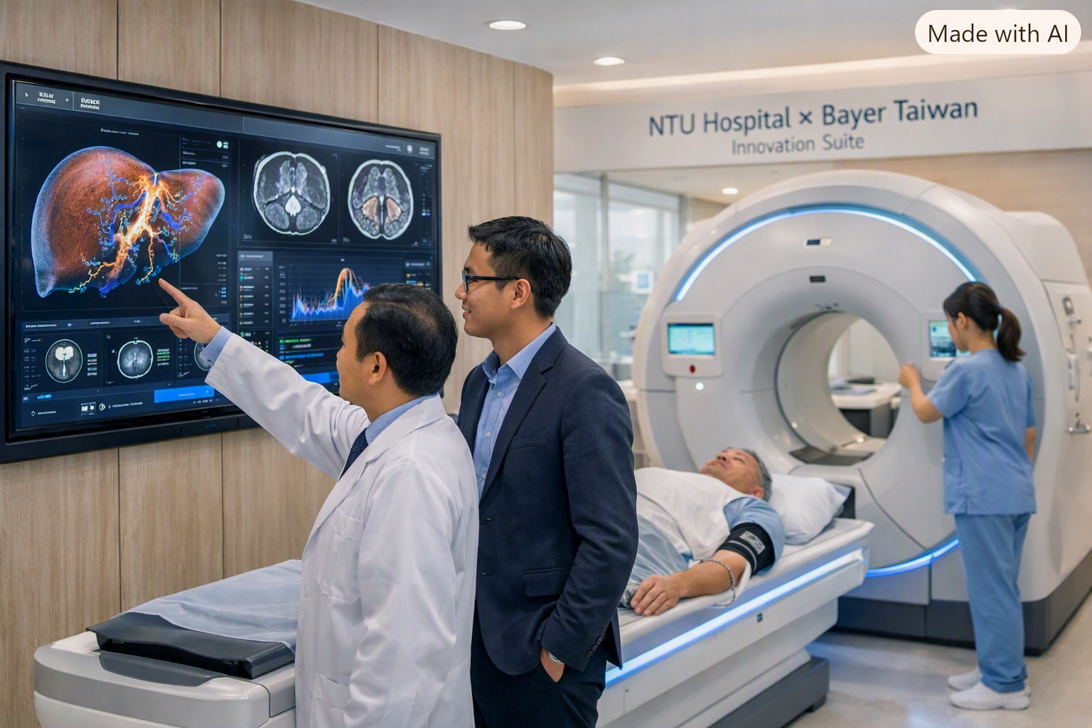 NTU Hospital and Bayer Taiwan experts review AI‑enhanced CT imaging data beside a next‑generation scanner, advancing diagnostic precision.