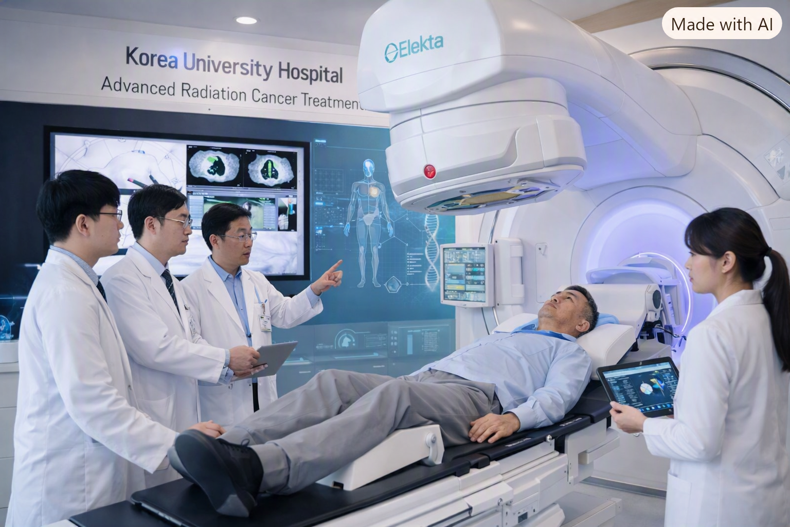Korea University Hospital doctors operate advanced radiation equipment, delivering precise cancer therapy with AI‑guided targeting.